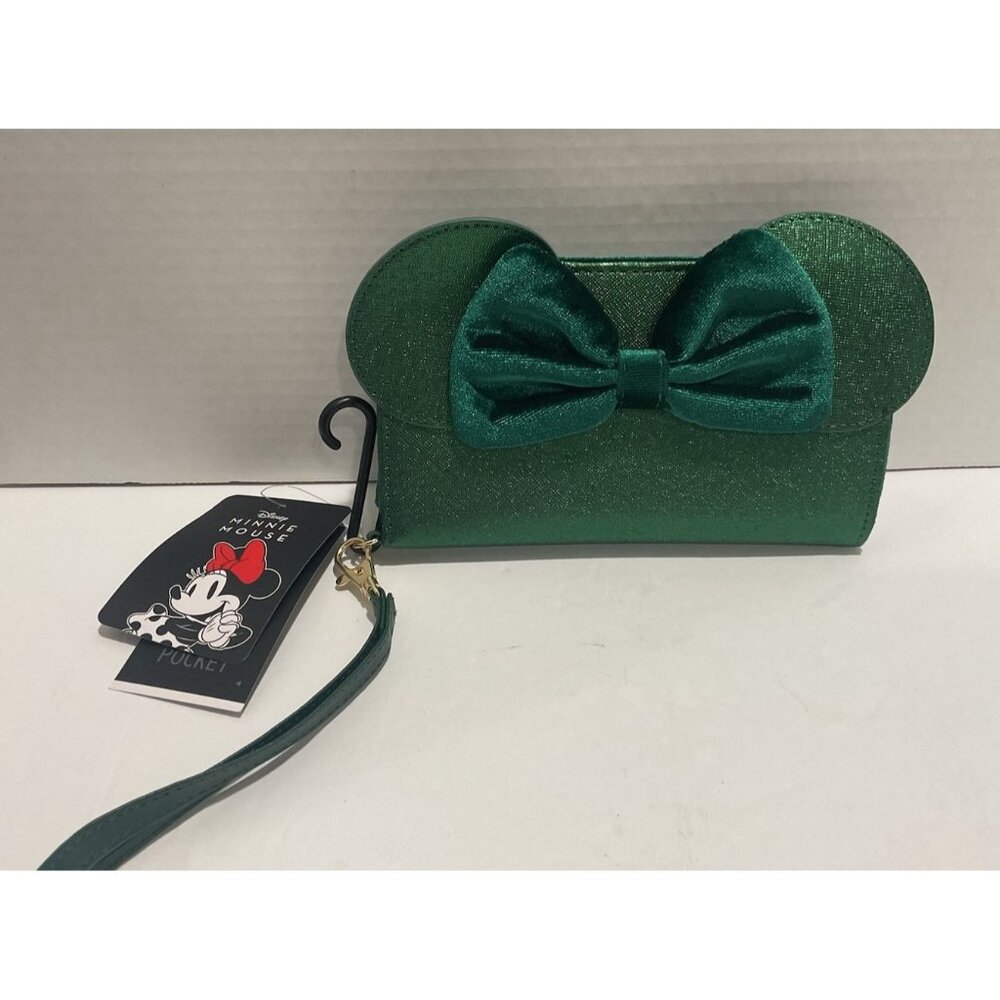 Disney Bioworld Crushed Green Velvet Minnie Mouse Ears Wallet W/Tech Pocket NWT